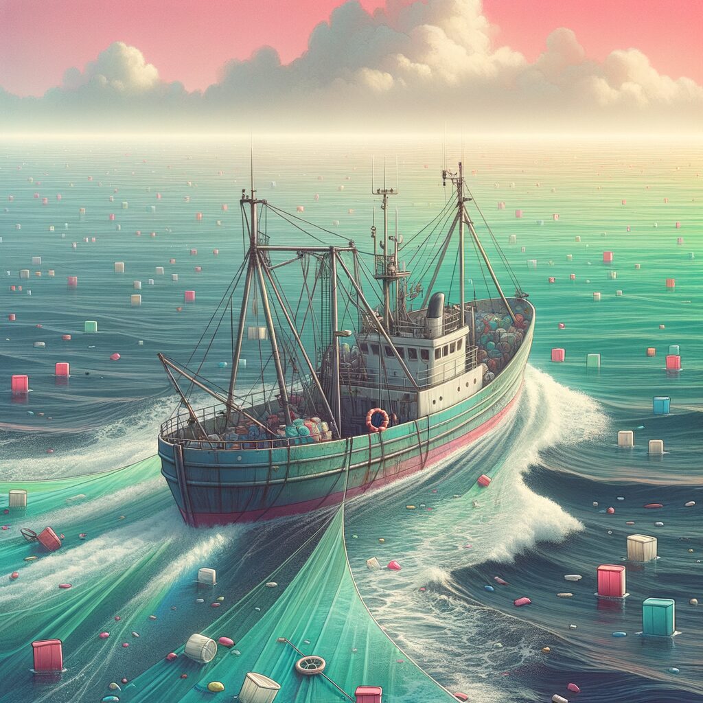 trawler in sea of plastic